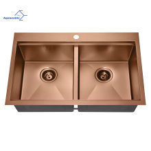 Aquacubic Rose gold 16 Gauge 304 Stainless Steel double bowls drop in kitchen sink with drainboard